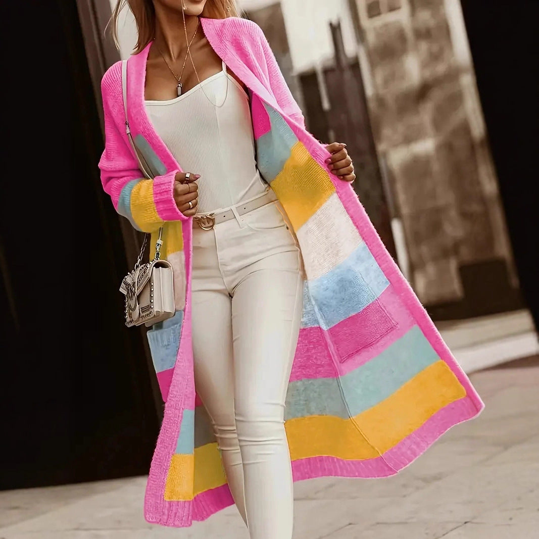 Ladies fashionable long cardigan with colorful stripe pattern