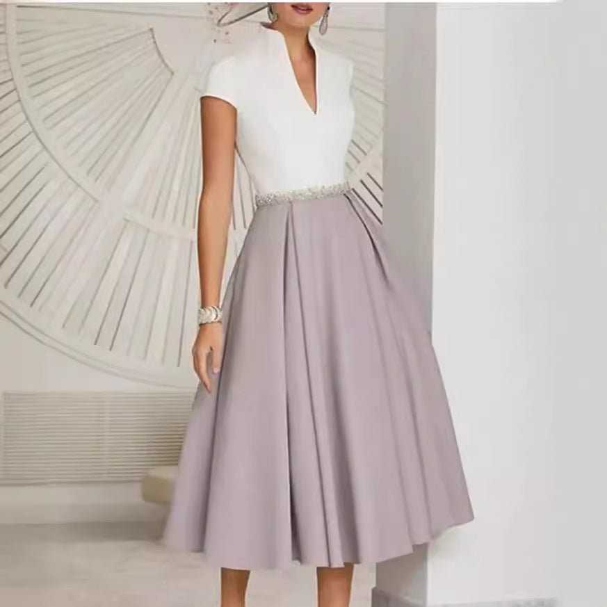 White Color Block V-neck Flared Summer Dress