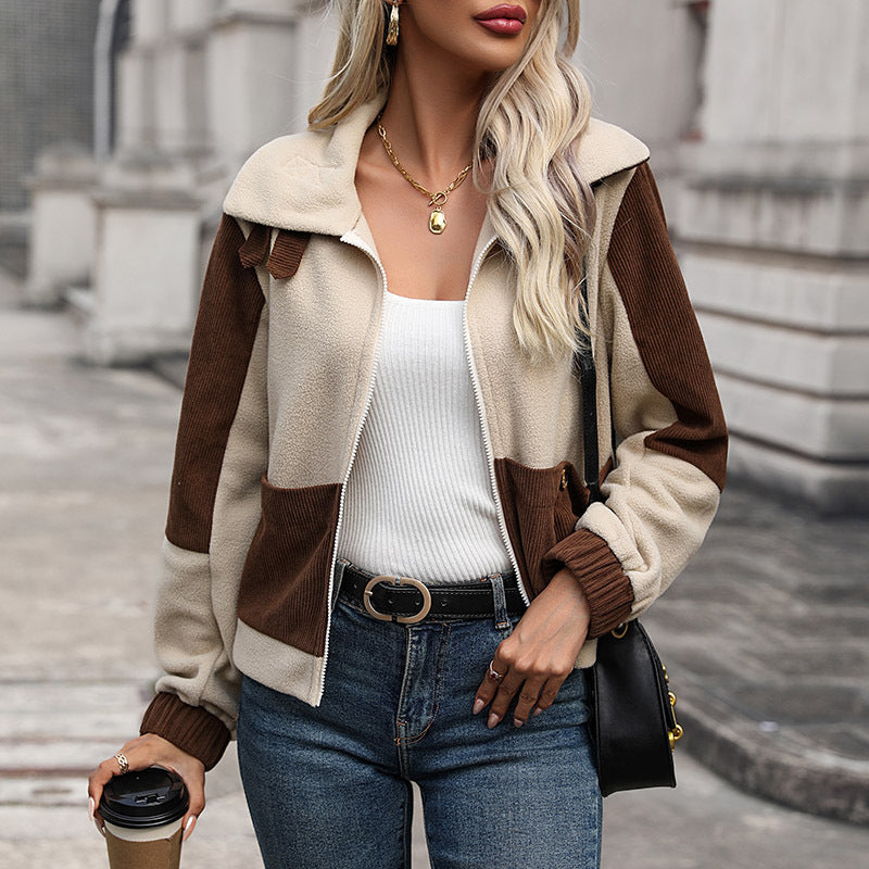 Women's fleece jacket with fashionable cord design and practical pockets