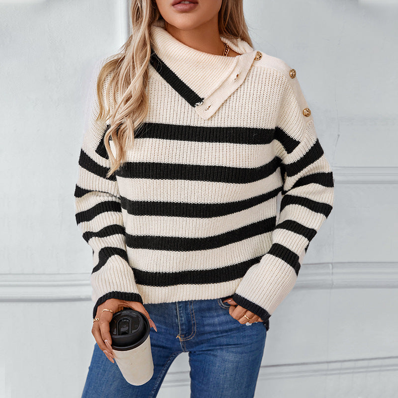 Women's turtleneck pullover with button details and striped design
