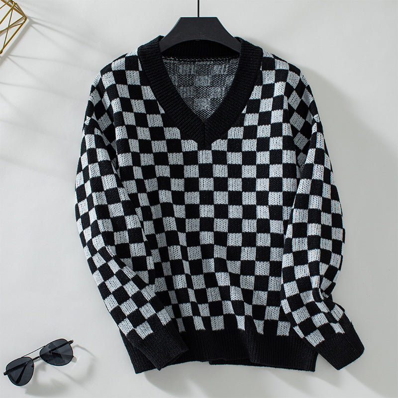 Women's Casual V-Neck pullover with Check Pattern and Loose Fit