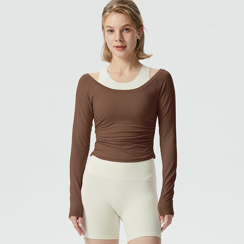 Ladies fitted long sleeve shirt with elegant gathering and round neckline