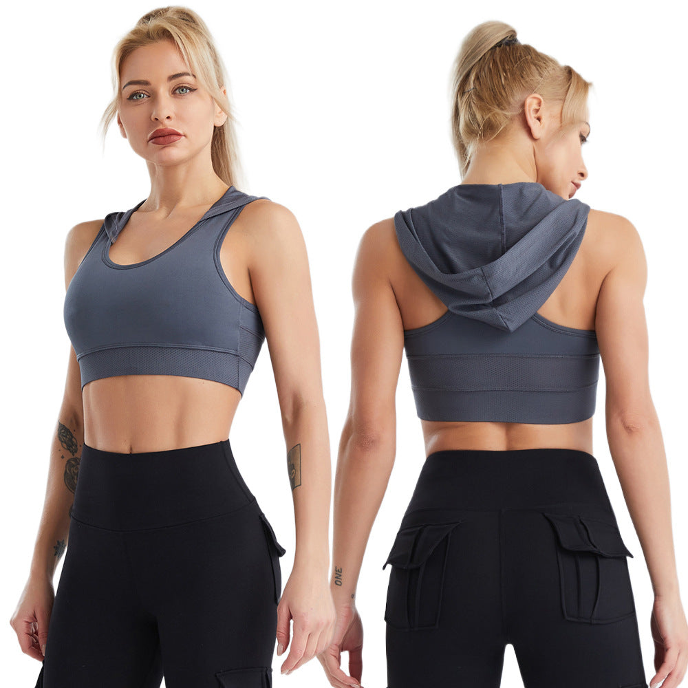 Women's sports bra with hood and breathable mesh