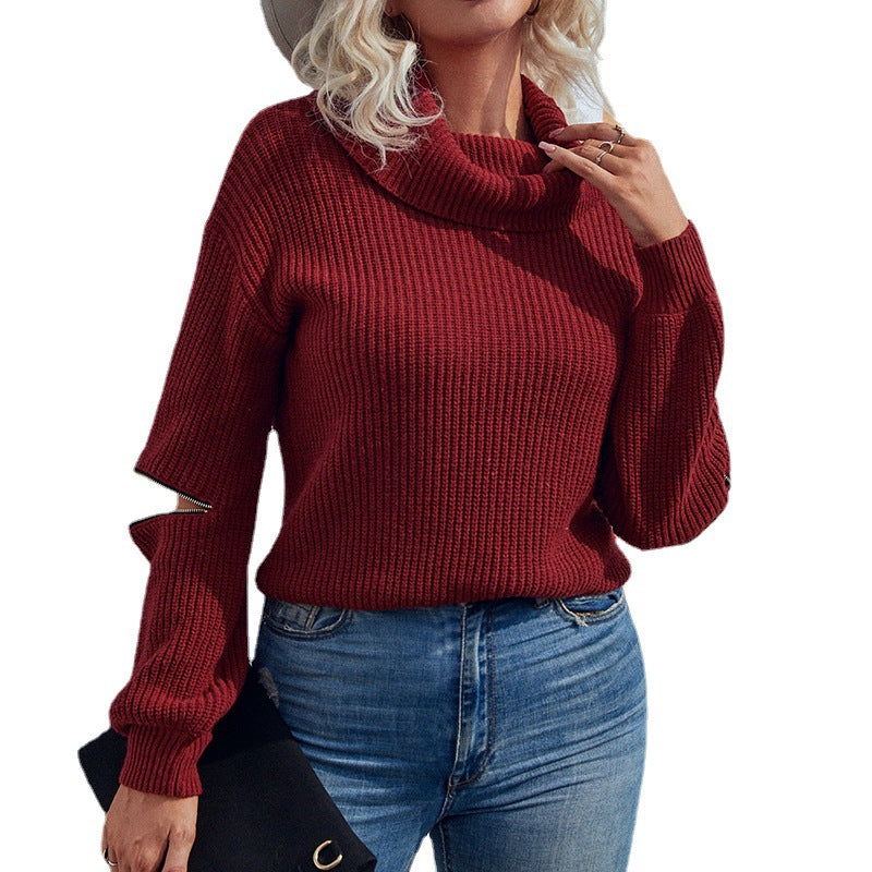 Ladies fashionable turtleneck pullover with textured look and airy sleeves
