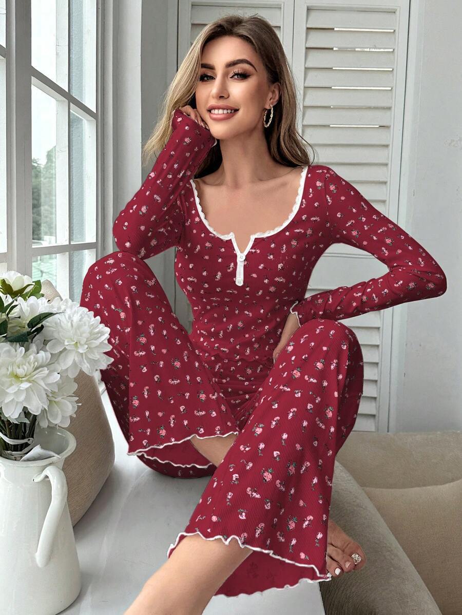 Women's Pajama Set with Lace Trim and Floral Design