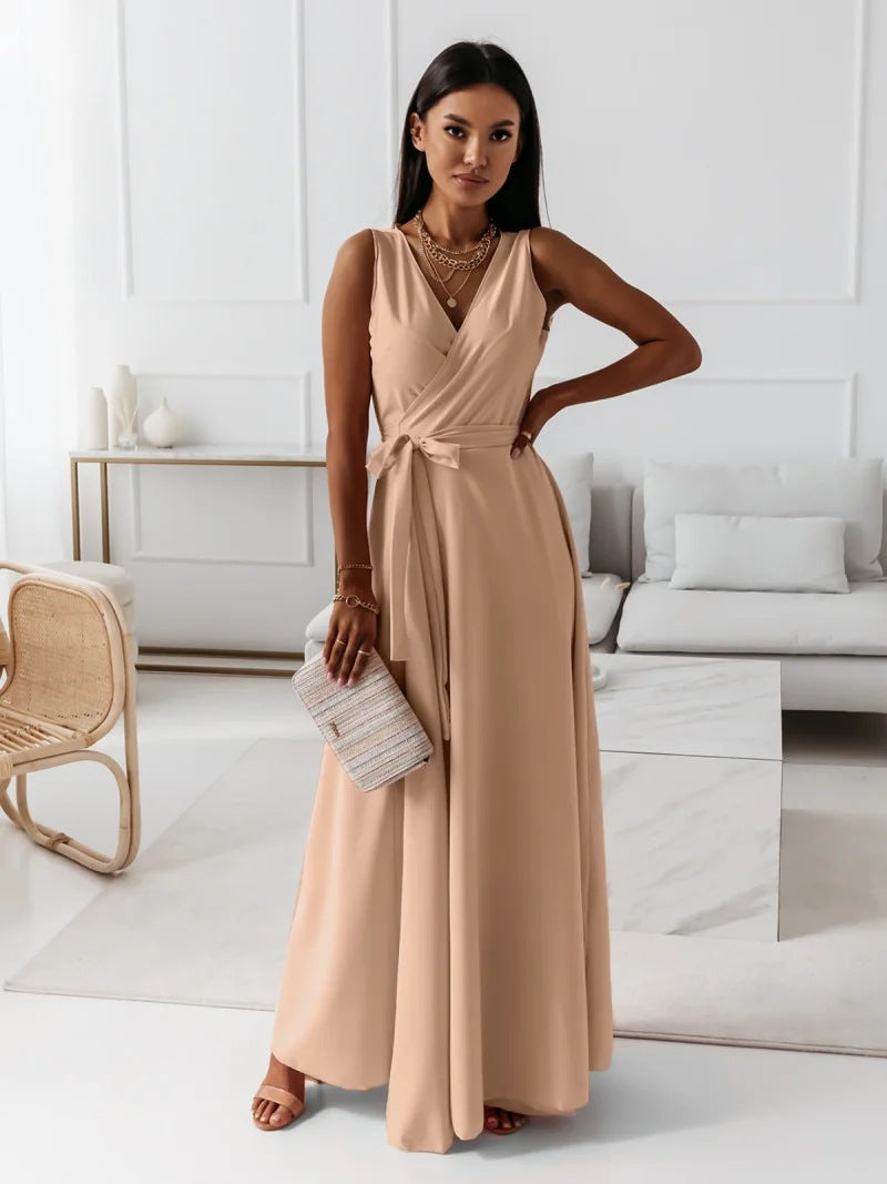 Women Solid V-neck Long Dress