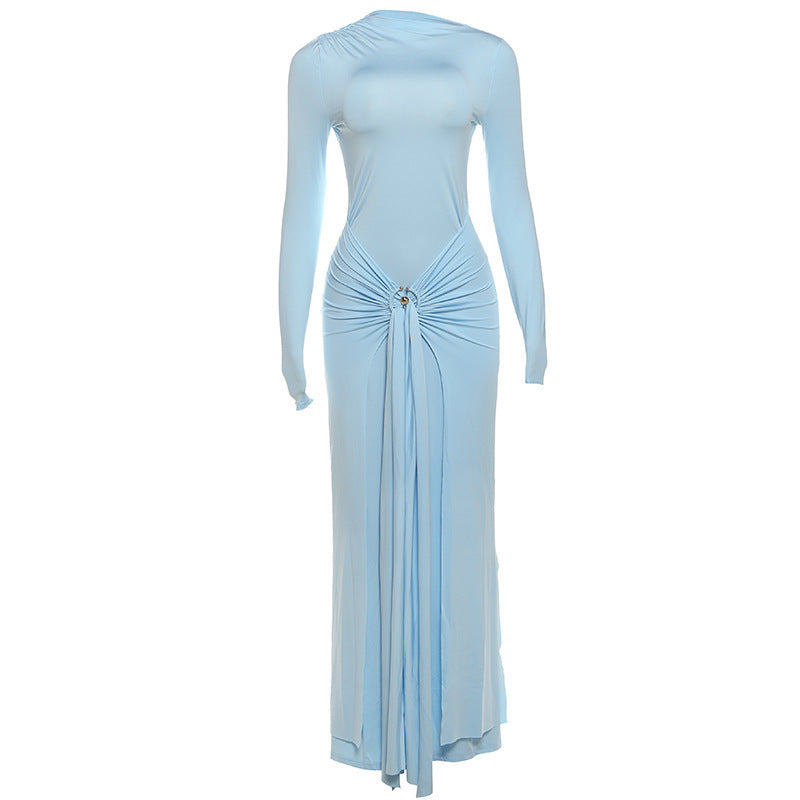 Ladies Elegant Long Sleeve Dress with Refined Draping and Jewelry Detail