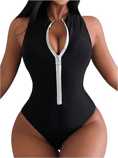 Women High Collar Zipper One-Piece Swimsuit