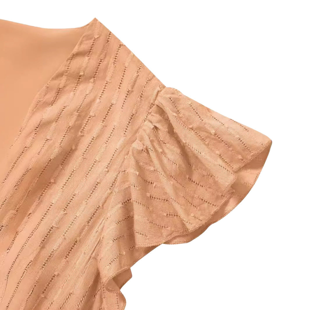 Women's airy midi dress with ruffle details and button placket