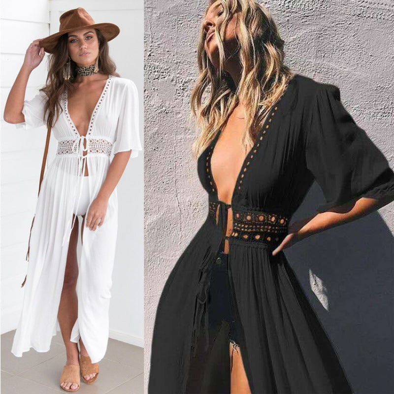 Ladies beach cover-up with deep V-neckline and exquisite neckline details