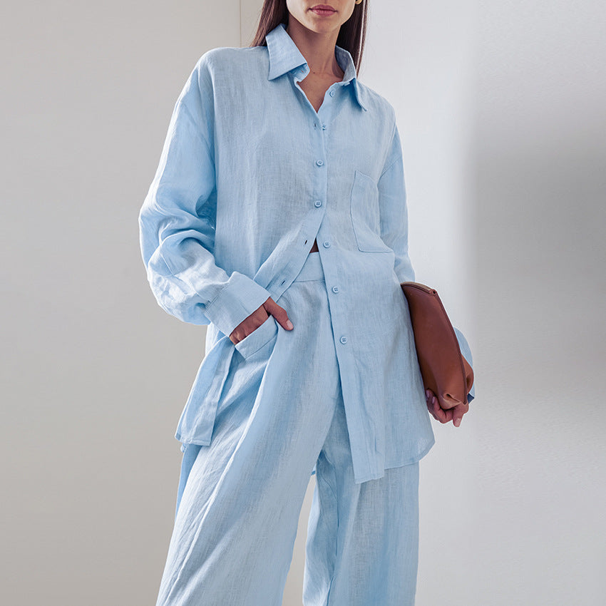 Women's Casual Linen Suit with Oversized Shirt Blouse and Straight Leg