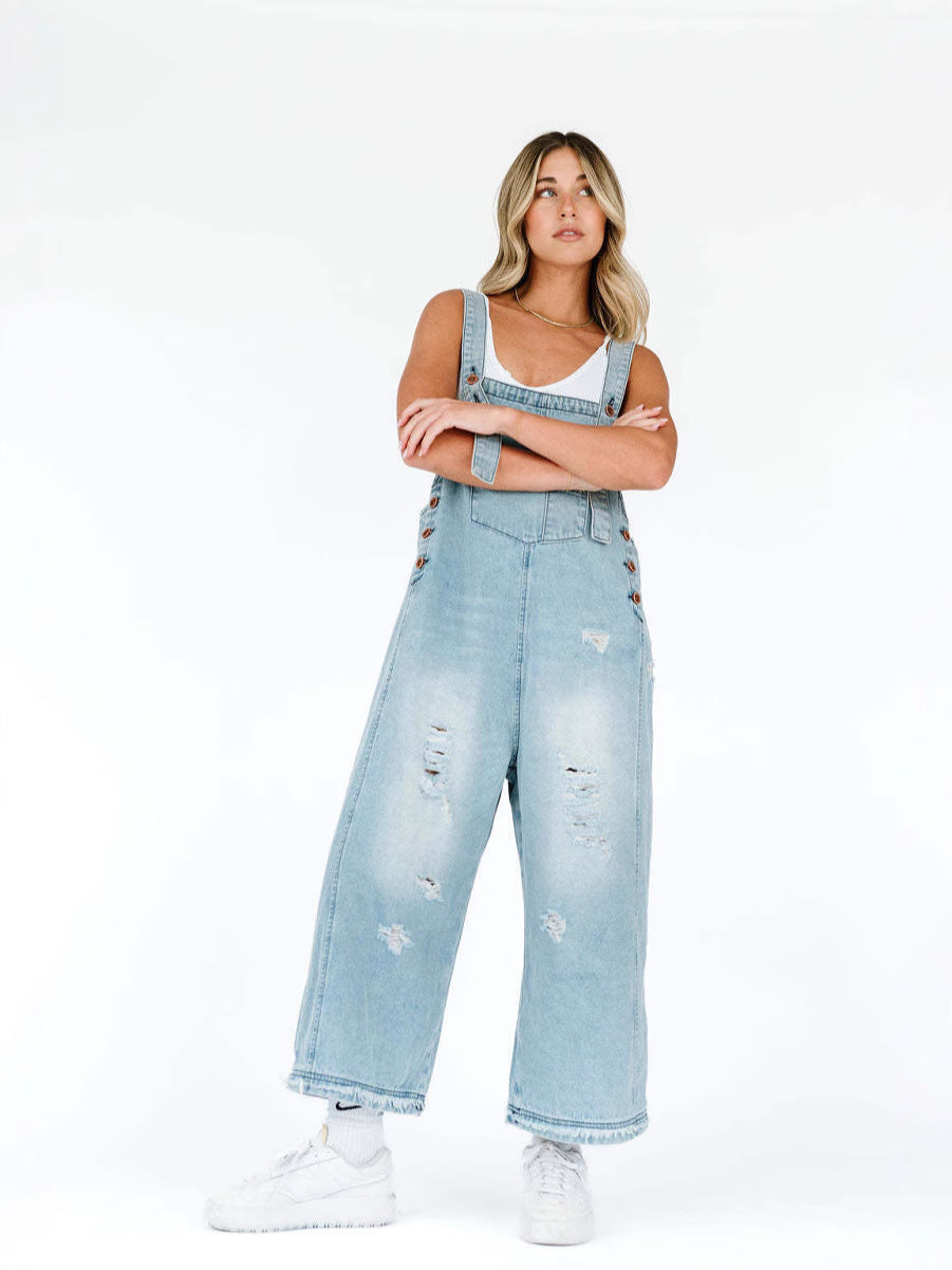 Women's Casual Denim Overalls with Fashionable Ripped Details