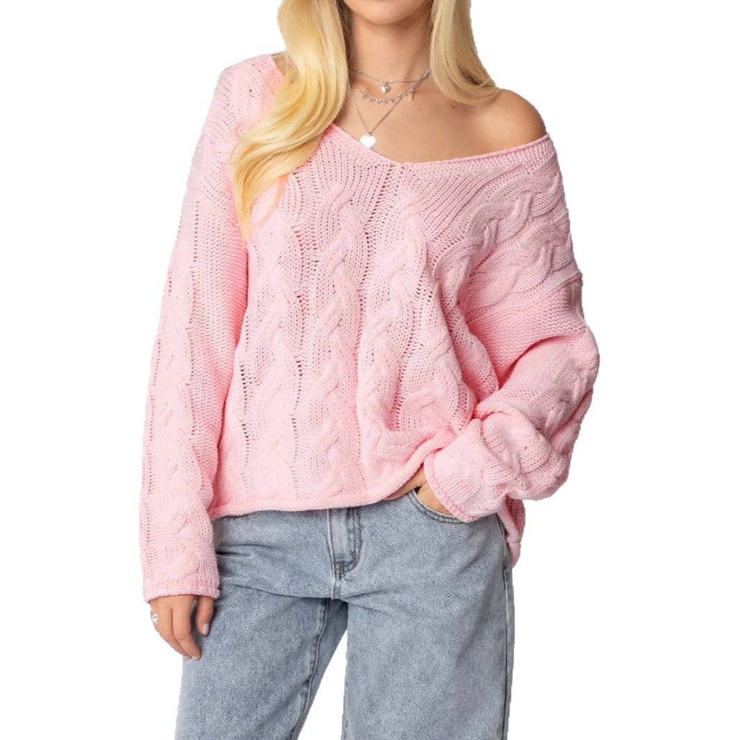 Women's chunky knit pullover with deep V-neck and casual silhouette