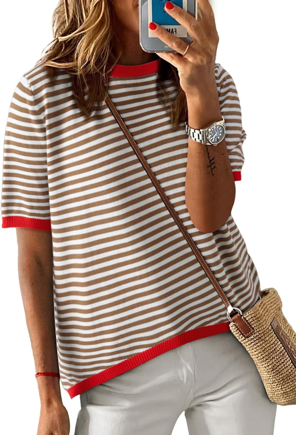 Women's comfortable striped casual blouse with contrast collar