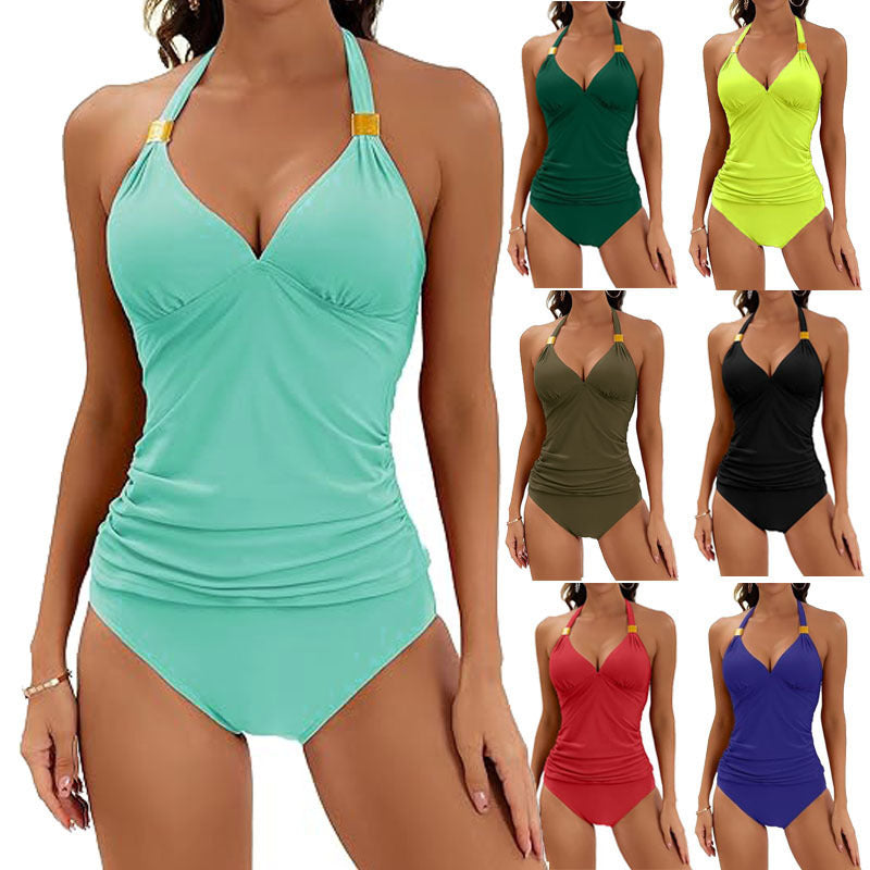 Women's tankini with gathered top and high waistband