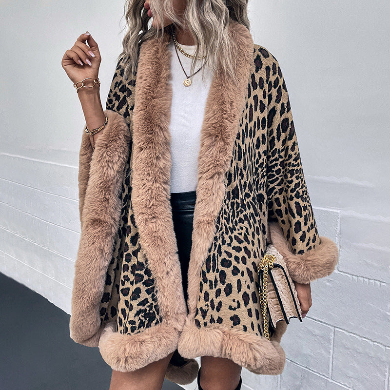 Women's cozy poncho with luxurious faux fur trim and leopard print