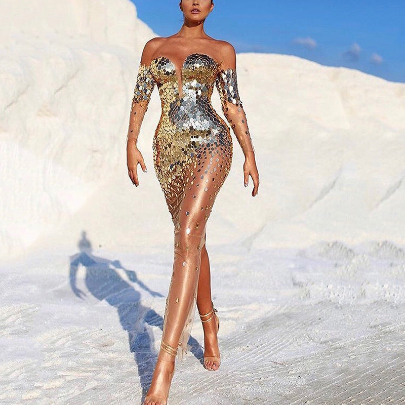 Women's Glamorous Party Dress with Sequins and Deep Neckline