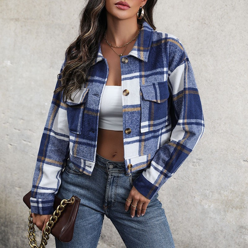 Women's Checked Denim Jacket with Buttons and Chest Pockets