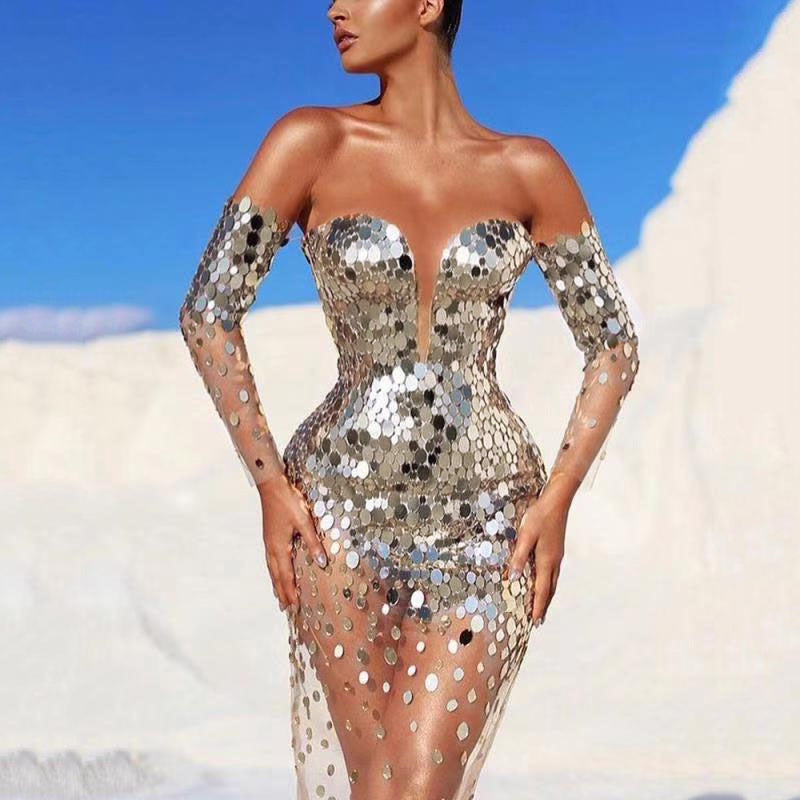 Women's Glamorous Party Dress with Sequins and Deep Neckline