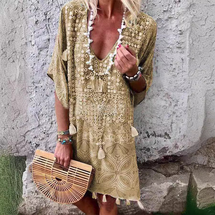 Women Boho-Chic Kaftan with V-neck and Tassel Details