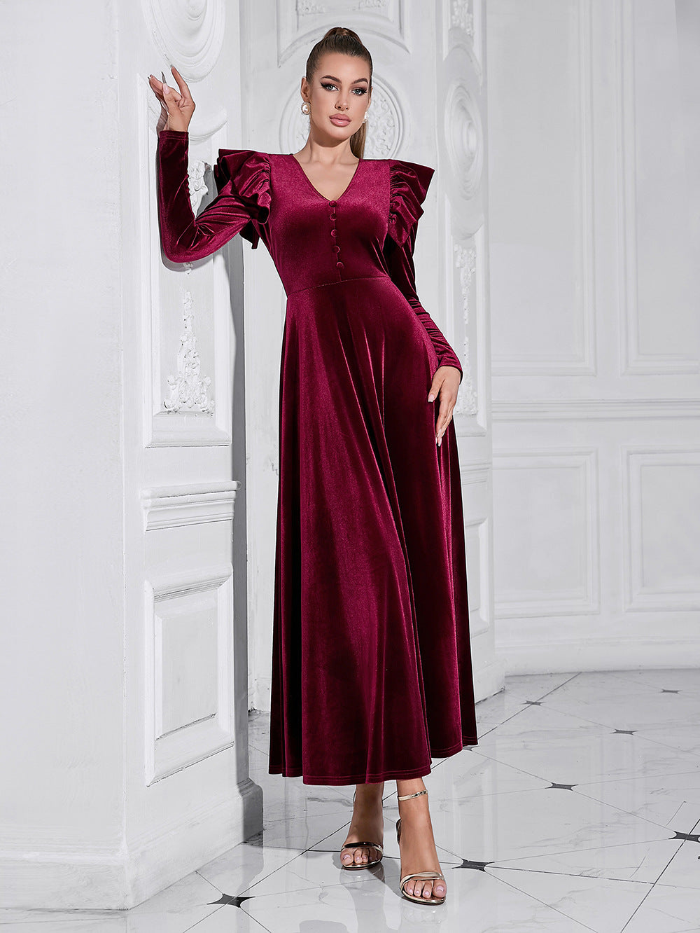 Ladies Elegant Maxi Dress with Ruffle Details and Deep V-Neck