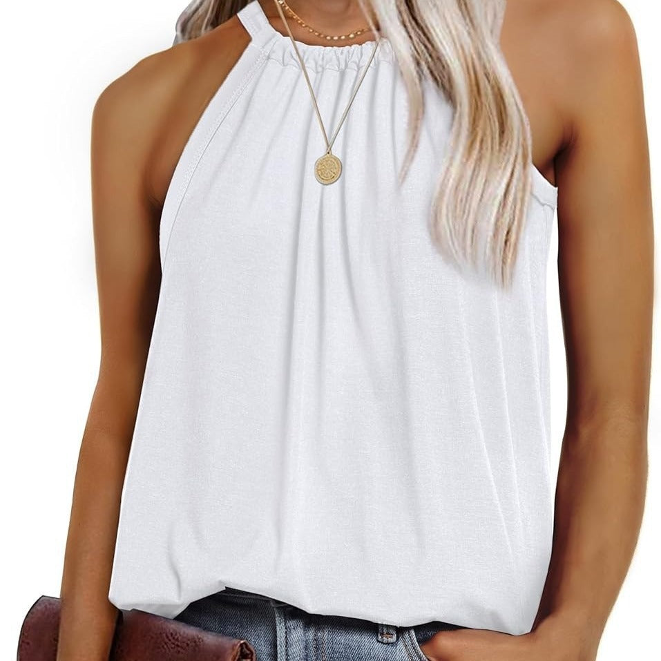 Women's sleeveless blouse shirt with stylish high collar and loose fit