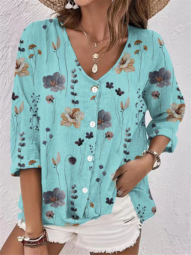 Women's blouse with floral print and modern button design