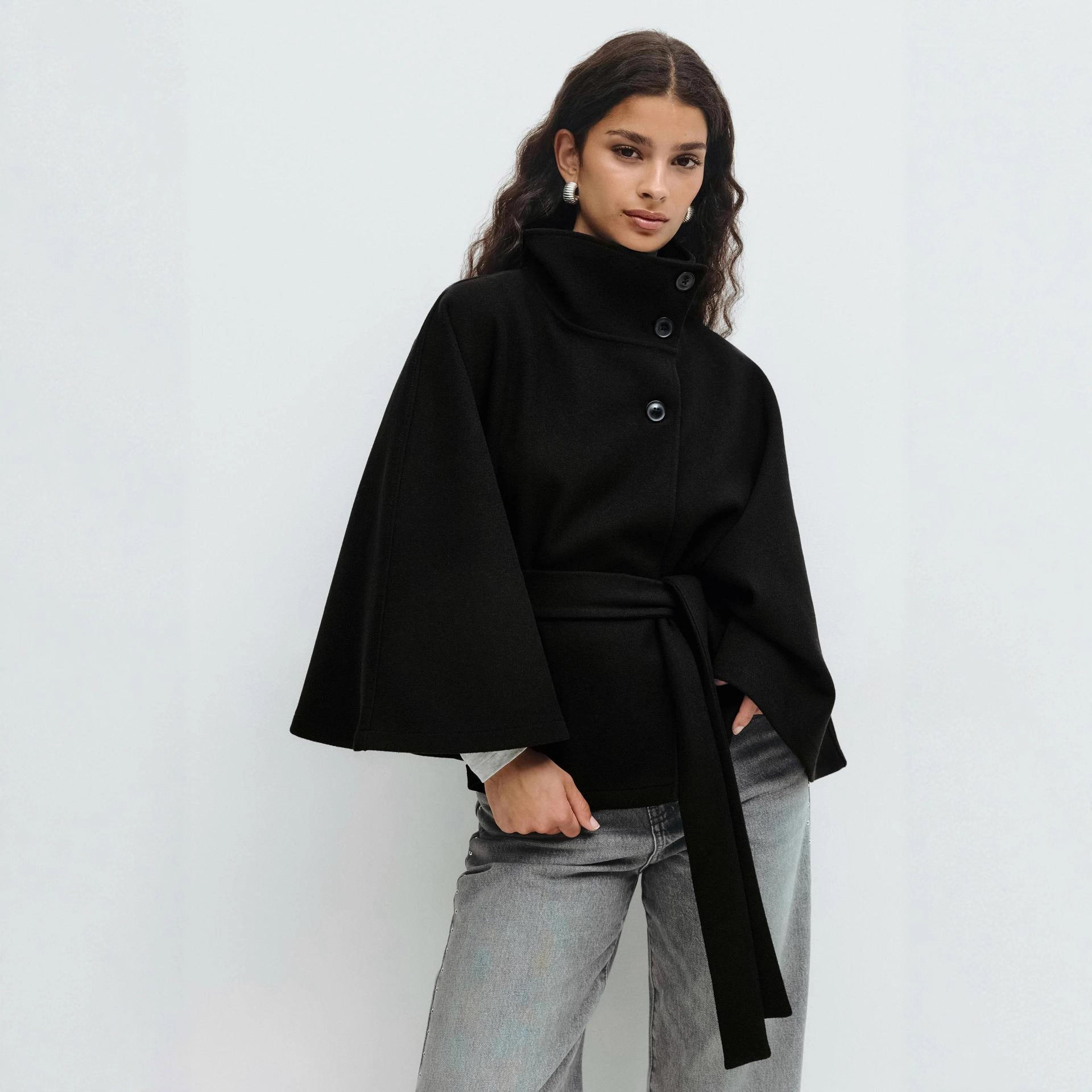 Women's wrap jacket with high collar line and wide sleeves
