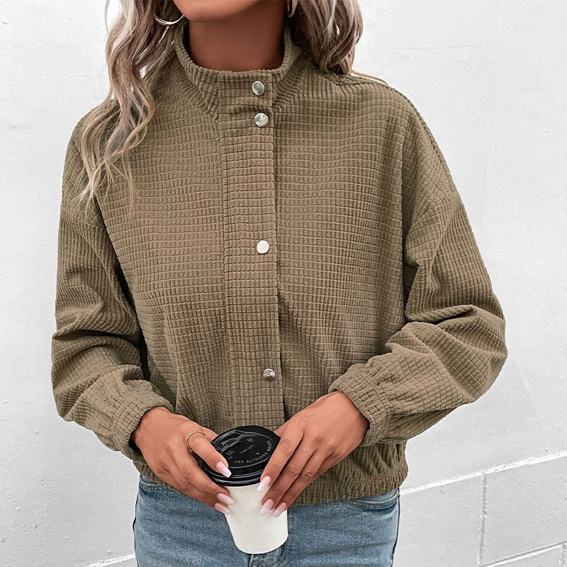 Women's Casual Overshirt Jacket with Light Waffle Pattern and Snap Button Closure