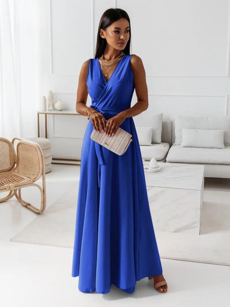 Women Solid V-neck Long Dress