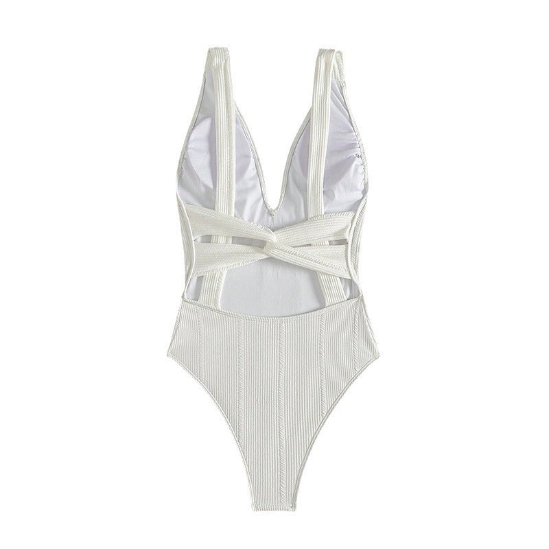 Women Ribbed V-Neck One-Piece Swimsuit