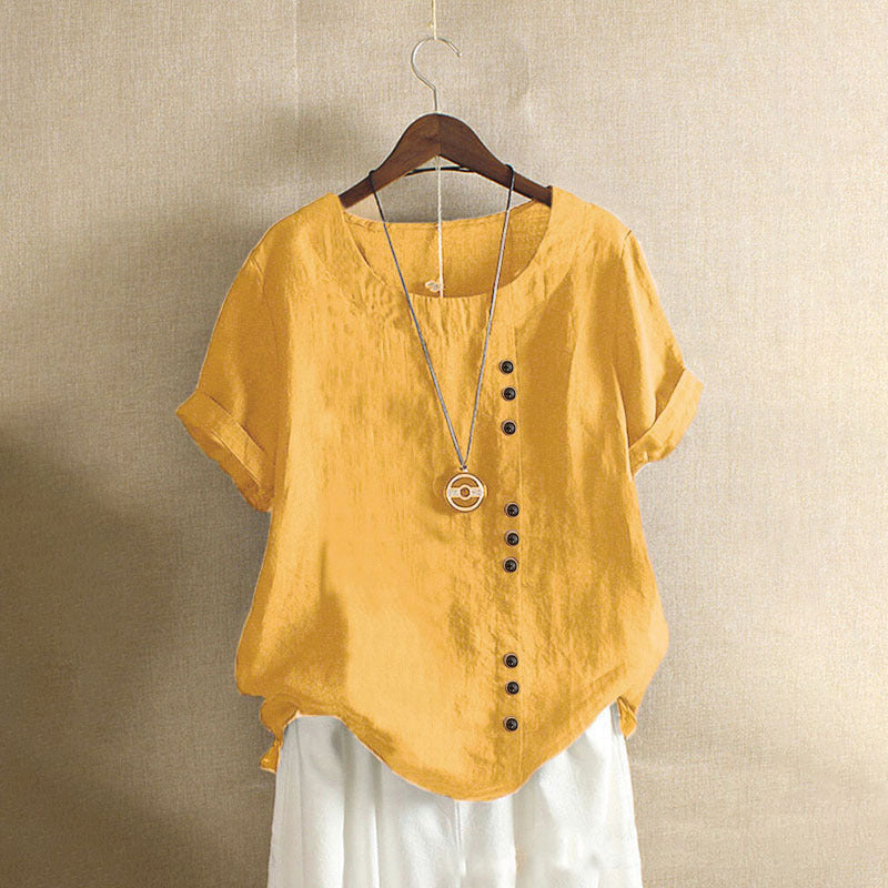 Women's casual linen blouse with convertible sleeves and button details