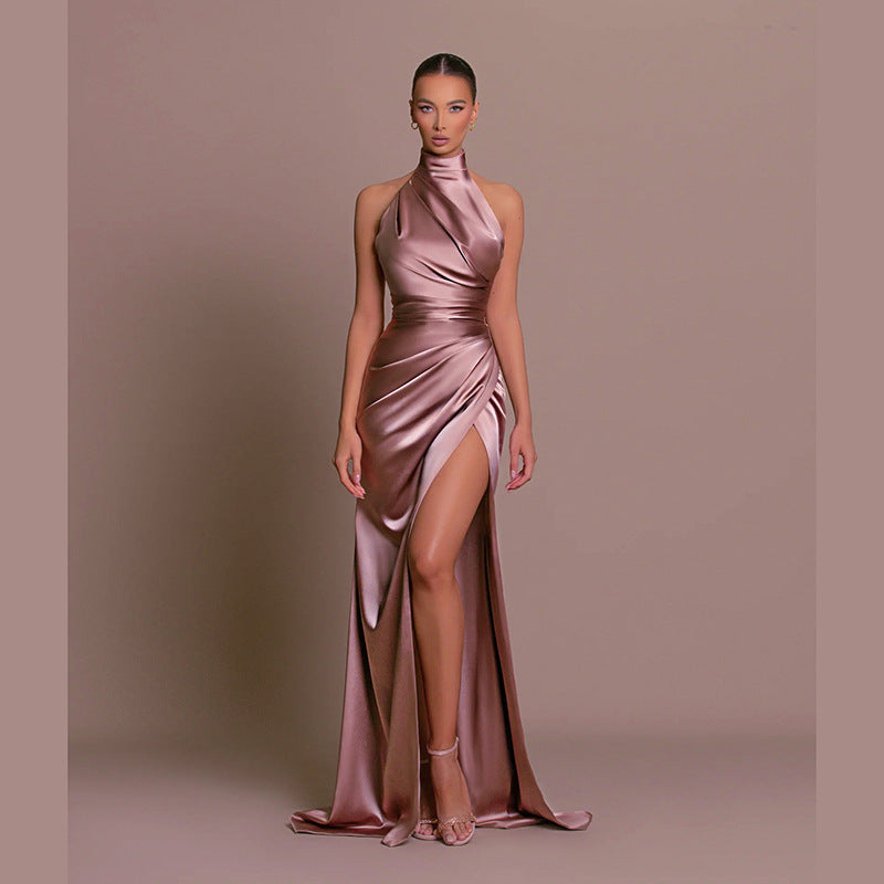 Ladies refined evening dress with half collar and elegant slit