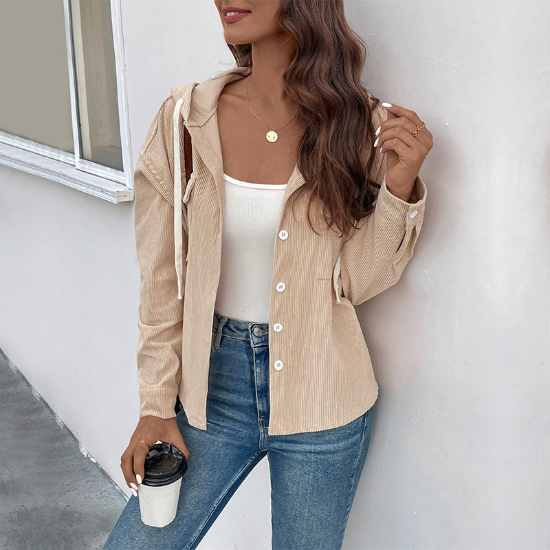 Women's cord jacket with hood and button closure