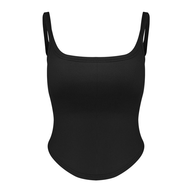 Women's fitted ribbed top with adjustable spaghetti straps and elastic hem