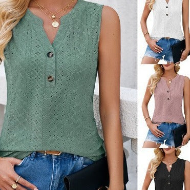 Women's sleeveless blouse top with button-decorated details and fine lace pattern