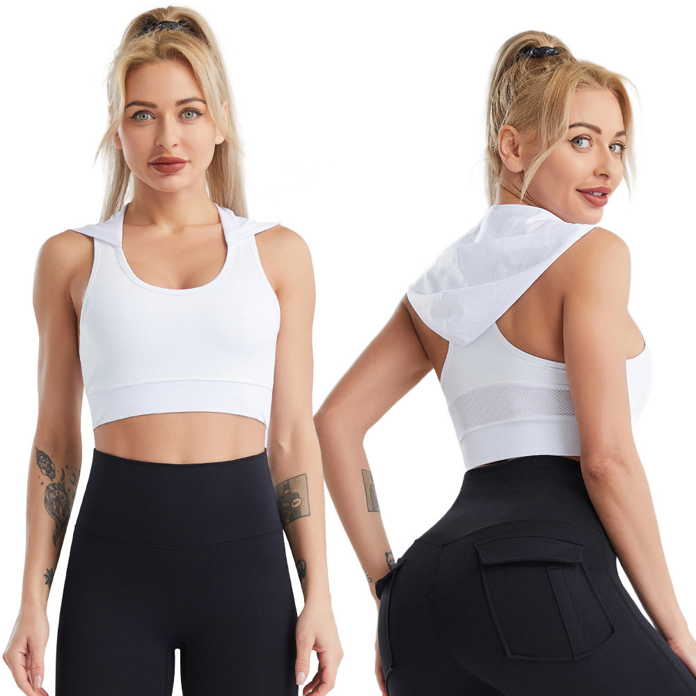 Women's sports bra with hood and breathable mesh