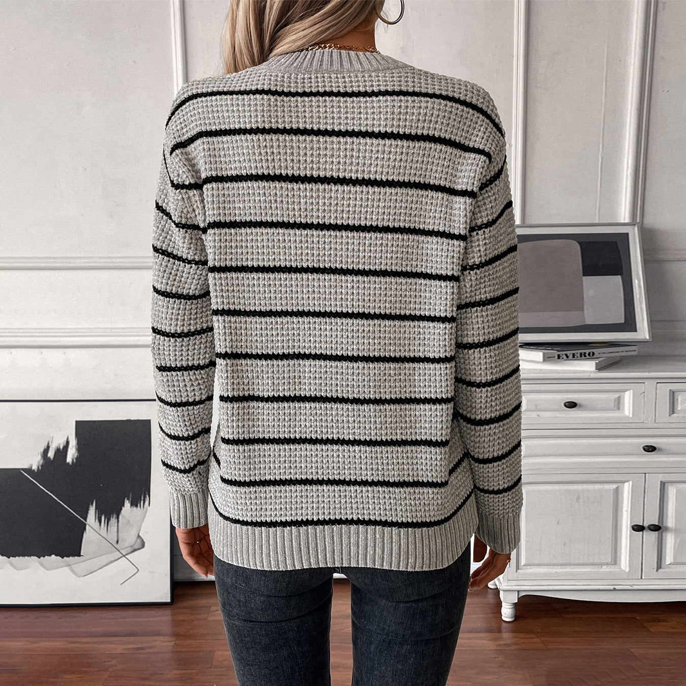 Ladies casual knitted pullover with wide stripe pattern
