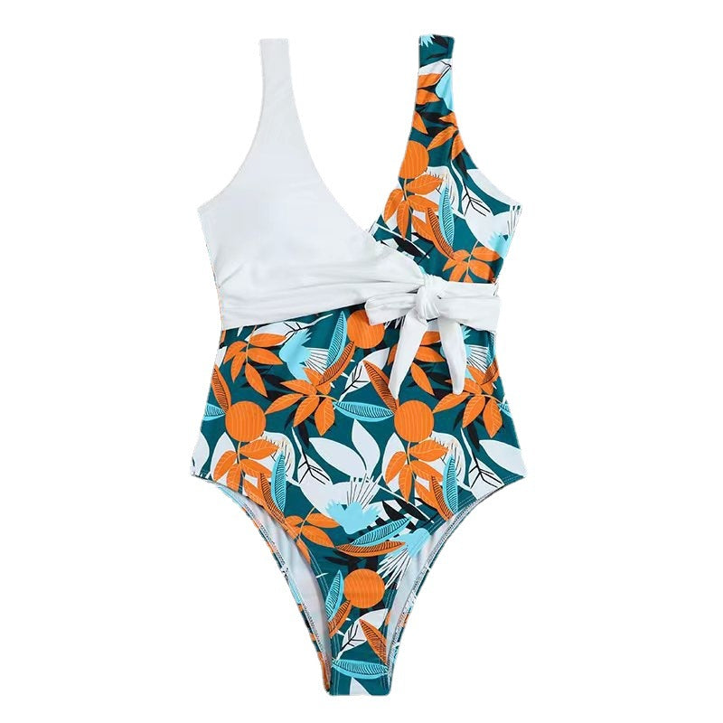 Women's High-Waisted Floral Print Wrap One-Piece Swimsuit with Tie Detail