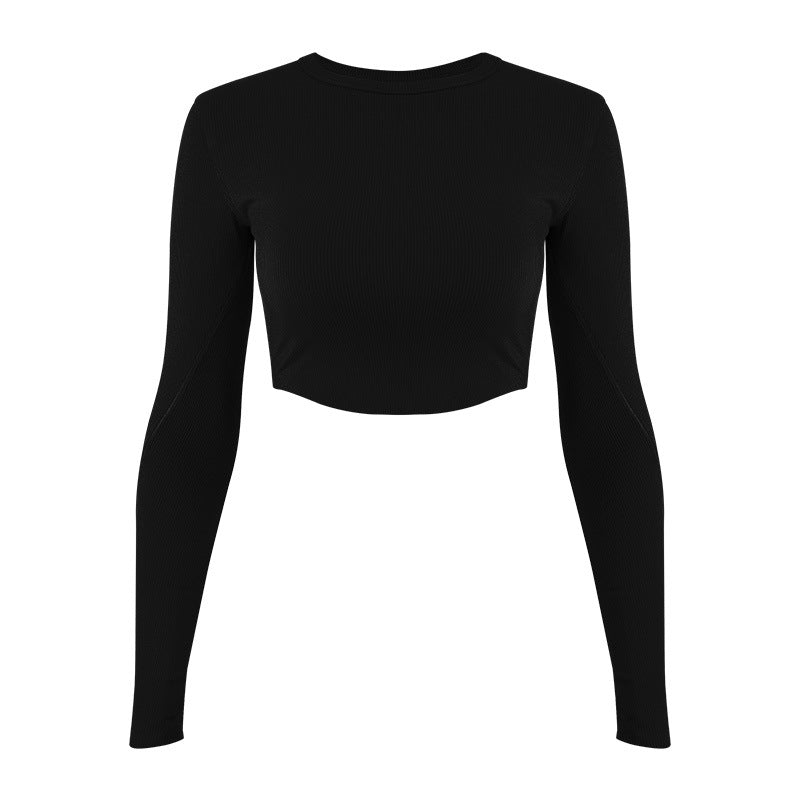 Women's stylish long sleeve crop top made of elastic ribbed material with round neckline