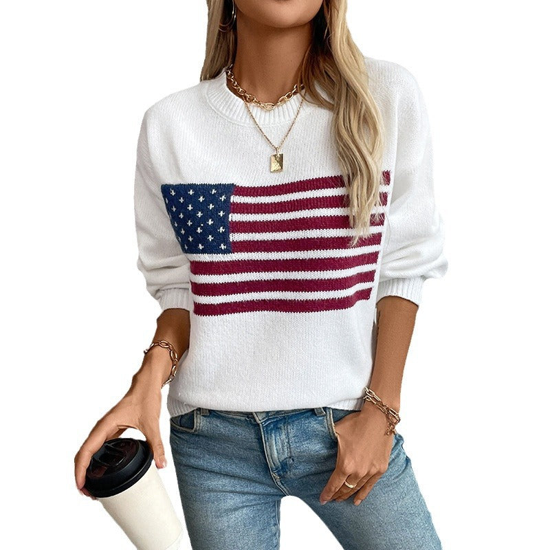 Ladies knit pullover with flag motif and round neckline