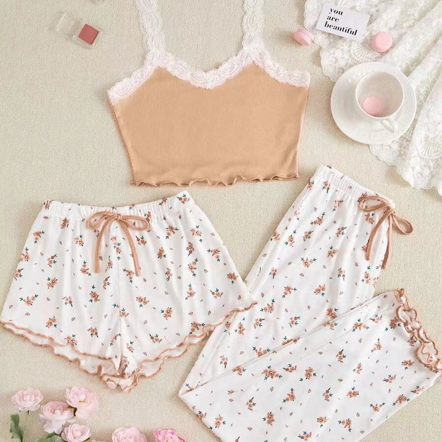 Ladies' pajama set with lace-trimmed straps and floral design