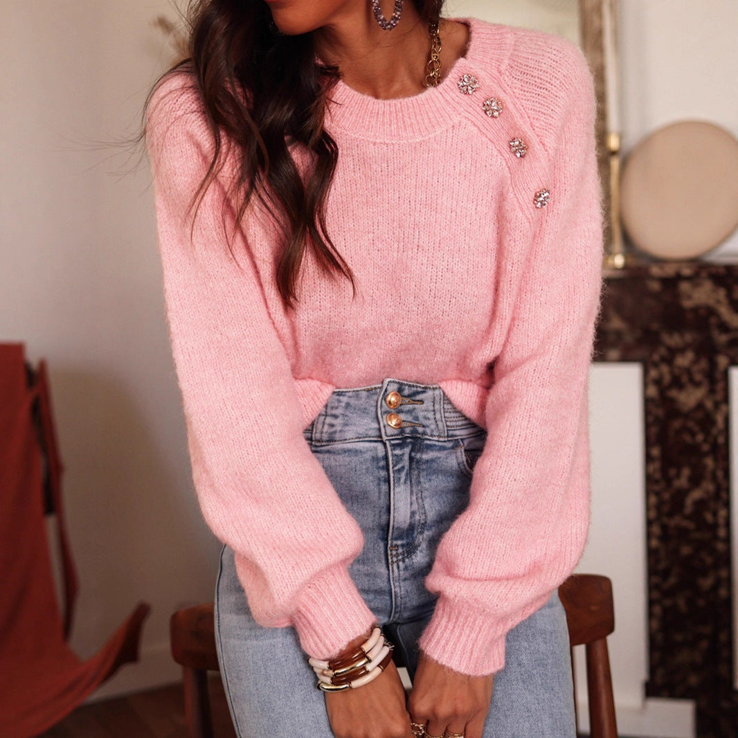 Women elegant oversized pullover with rhinestone details