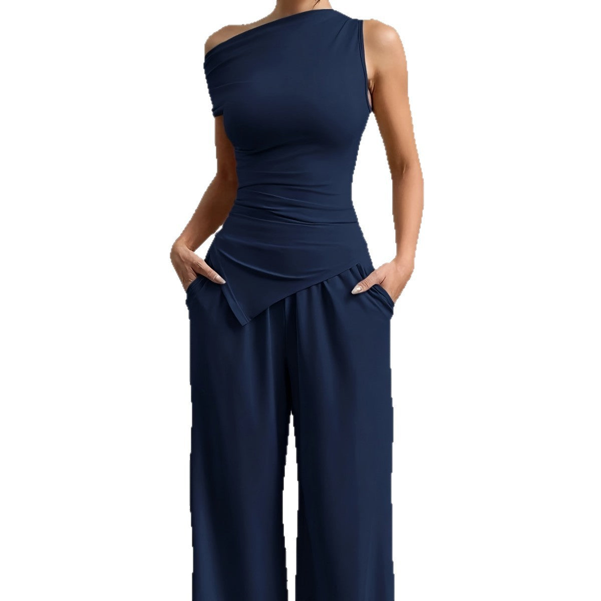 Ladies Elegant Jumpsuit Combination with Asymmetric Top and Wide Leg