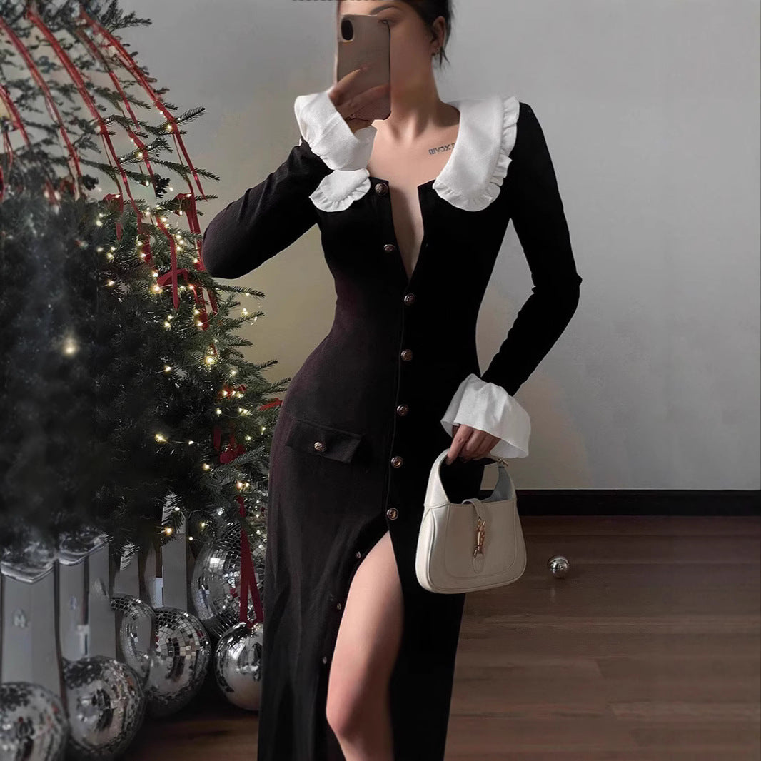 Women's Elegant Dress with Detachable Collar and Side Slit