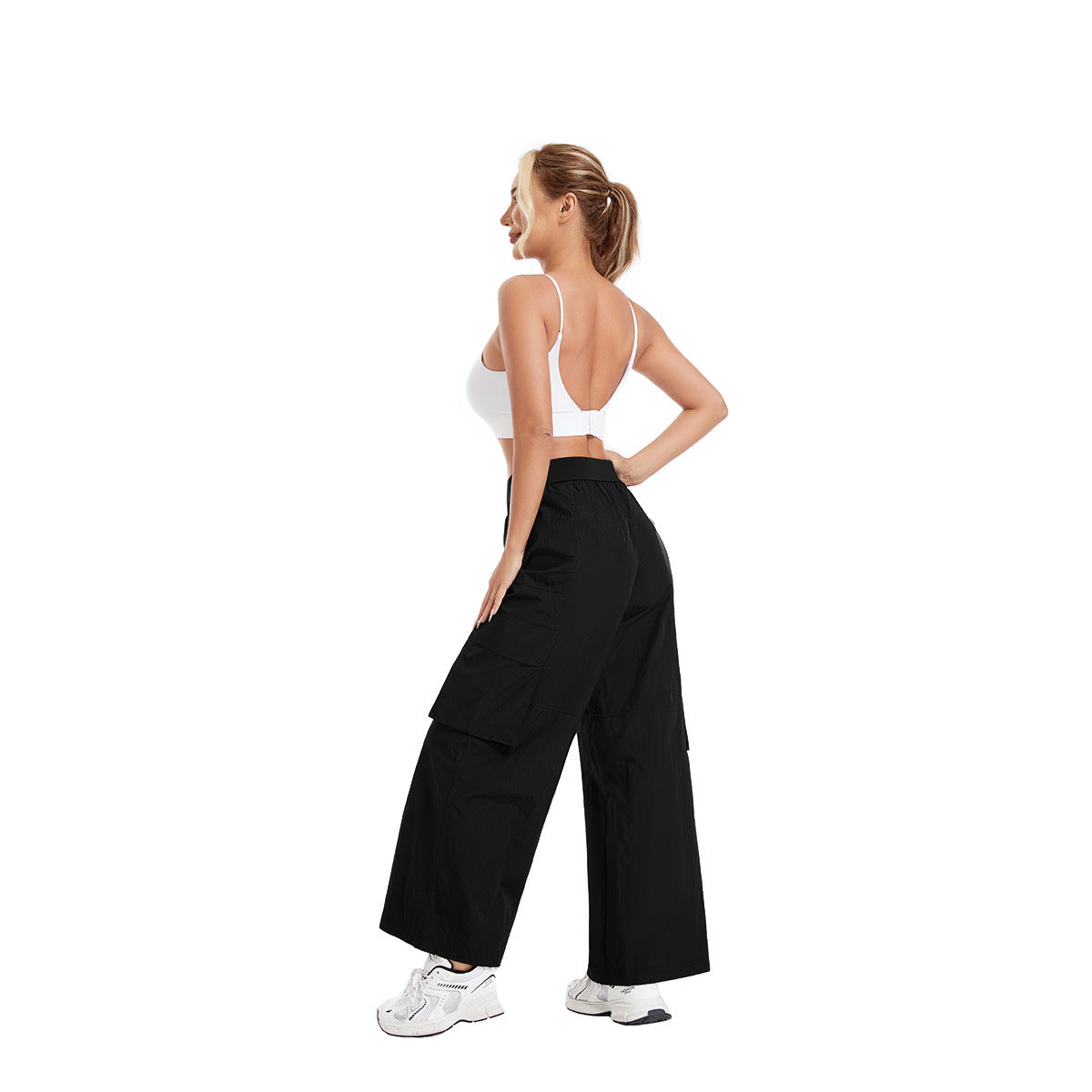 Women's High-Waisted Casual Cargo Pants with Wide Legs and Practical Side Pockets