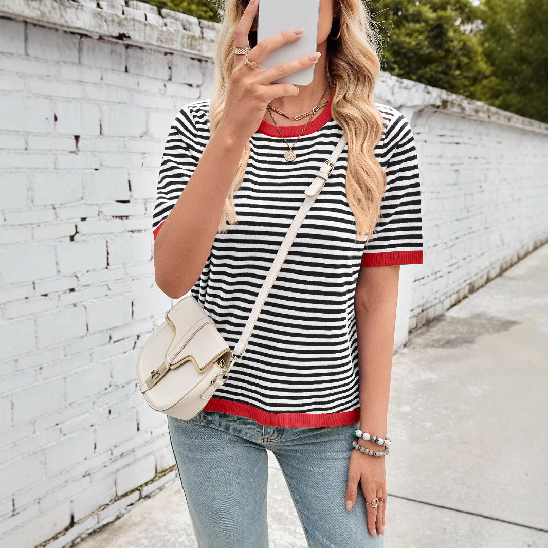 Women's comfortable striped casual blouse with contrast collar