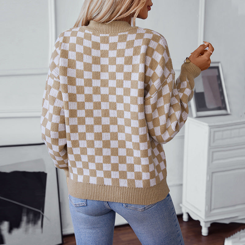 Women's Casual V-Neck pullover with Check Pattern and Loose Fit