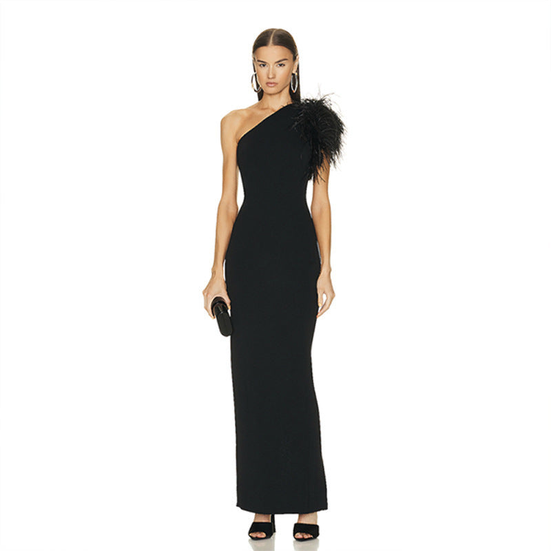 Women's Elegant Bodycon Evening Dress with Asymmetric Strap and Feather Details