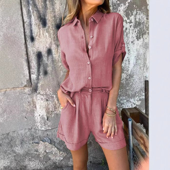 Women's casual jumpsuit with buttoned top and practical waist drawstring